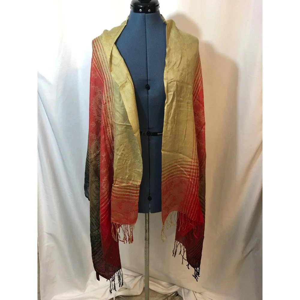 Chinar Red Beige Gold Paisley Striped Silk Blend Fringed Pashmina Scarf Wrap